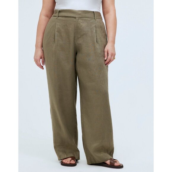 Madewell The Harlow Wide-Leg Pant 100% Linen in Olive Green Size 14 Petite - Picture 2 of 13